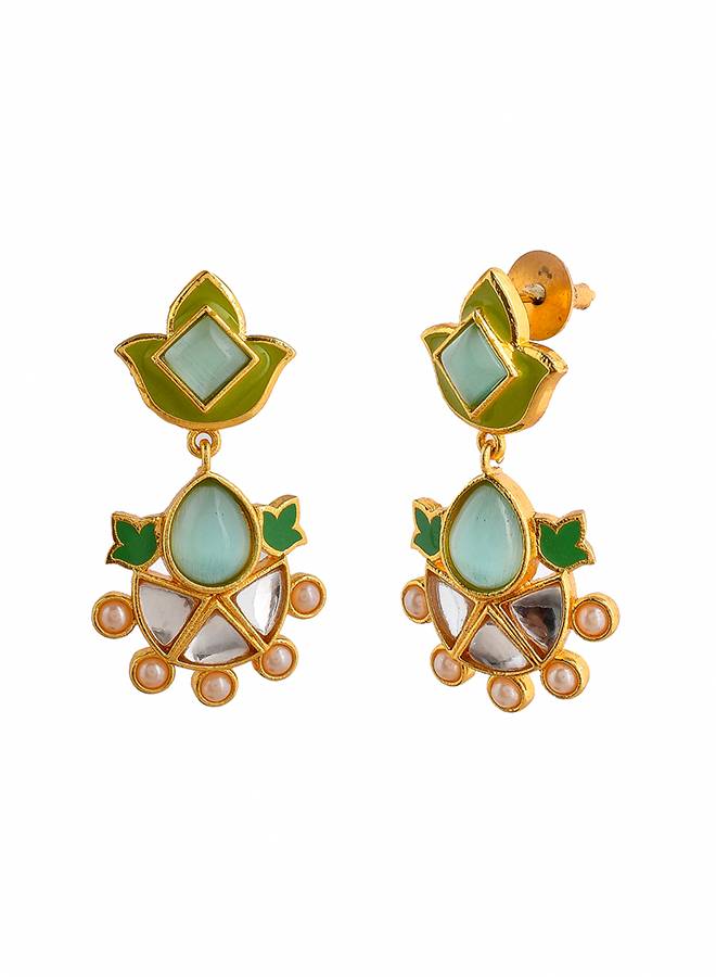 Forever More Green Enamelled Floral Pearls And Green Stones Earrings : 8905124498363