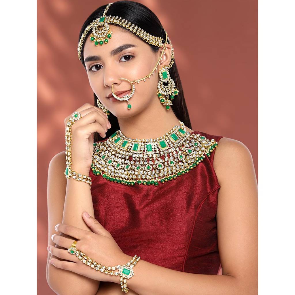 Green Color Jodha Akbar Choker Necklace Bridal Ethnic Indian Jewellery Set Gift For Women : PF36BRC02G