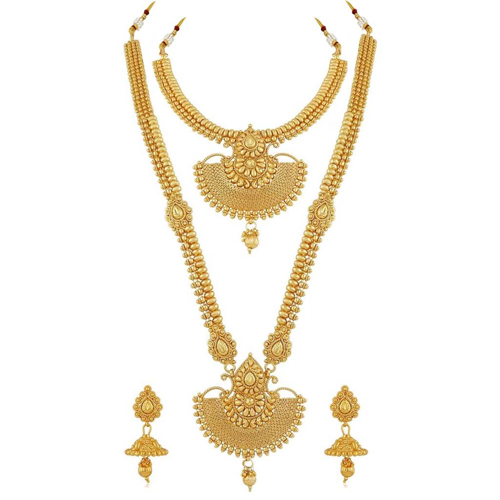 Traditional Ethnic Gold Plated Maharashtrian Celebration Wear Bridal Choker Long Haram Necklace With Jhumka Earrin : PF04BR328
