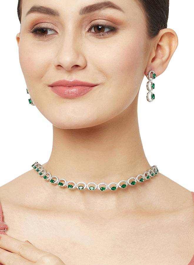 Elegance Collection Necklace With Green And Silver Gems : 8905124460247