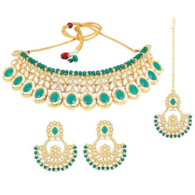 Estele Gold Plated Dazzling Gehena Necklace Set & Maang Tikka With Green Stones For Women : PJ-044-IGGNNKERTK