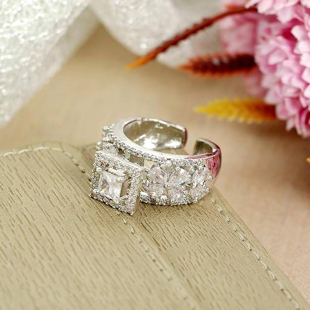 Silver Finish Cz Finger Ring For Women | Princess-Cut Stone | Adjustable Band : OSAK001-IRWERING