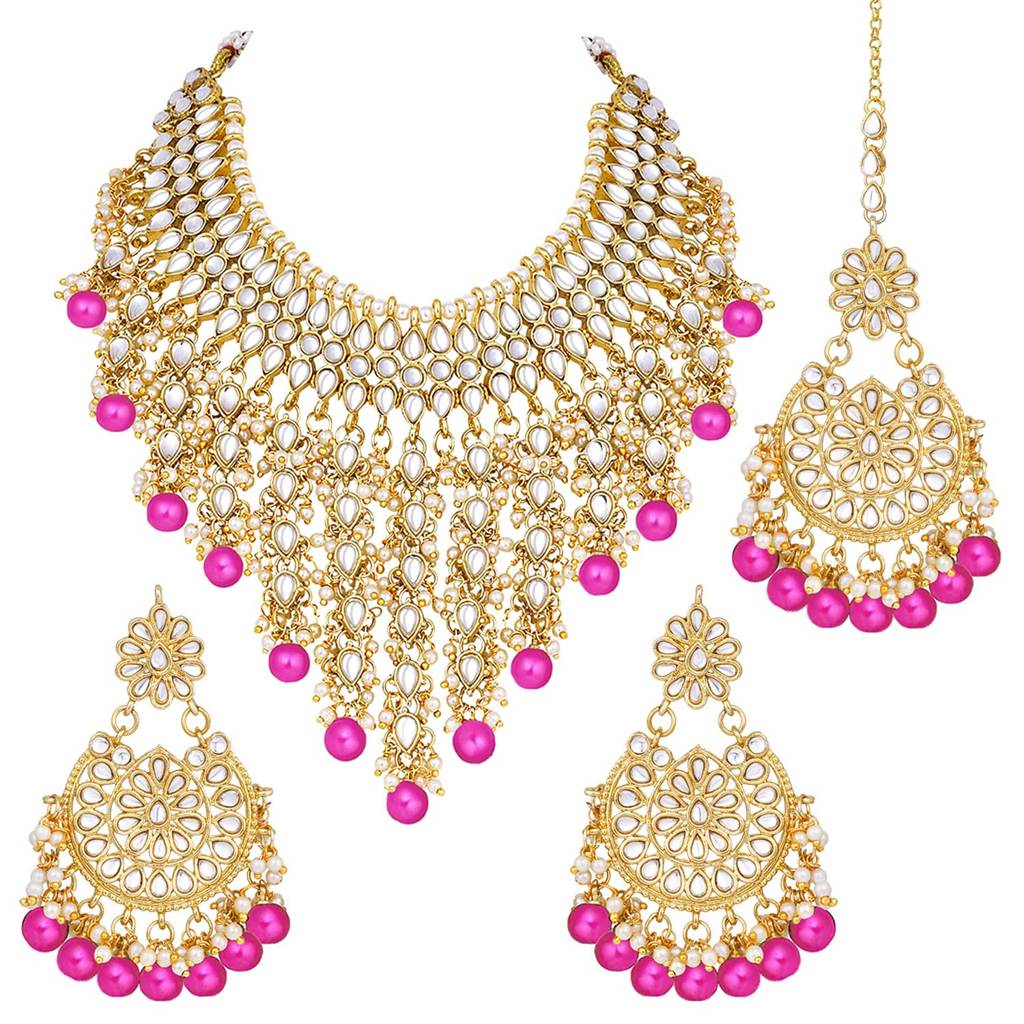 Traditional Kundan & Pearl Drop Bridal Dulhan Necklace Earring With Maang Tikka Jewellery Set For Women Girls-Pf : PF25N1177RP