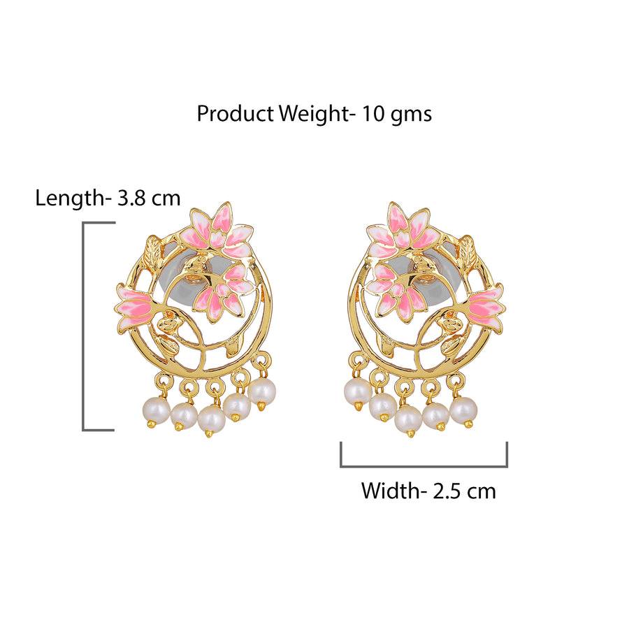 Estele Gold Plated Pink Enamel Lotus & Creeper Designer Pearl Drop Earrings For Girl'S & Women : 10190-IGER