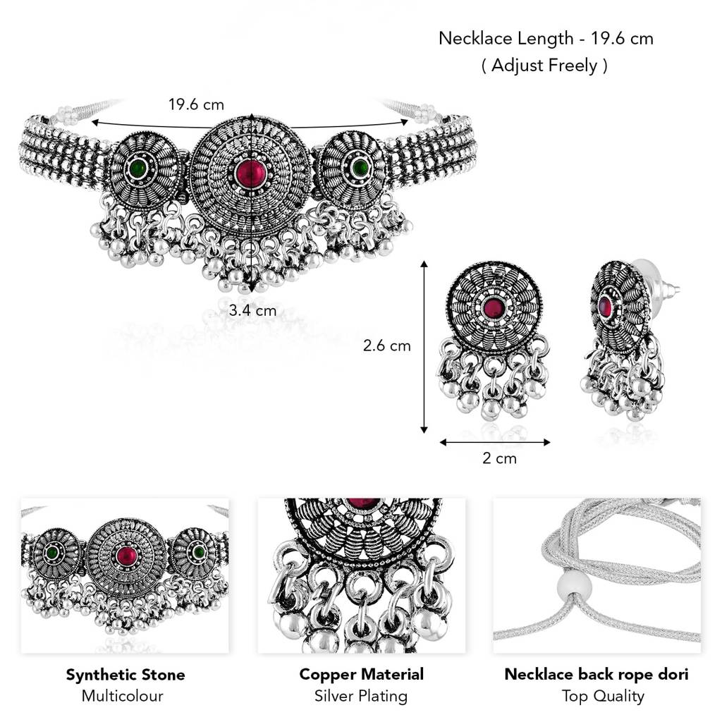 Silver Plated Rani Pink Green Synthetic Stone Studded Necklace Dangle Earrings Oxidized Jewellery Set For Wom : PF04NK11178RPG