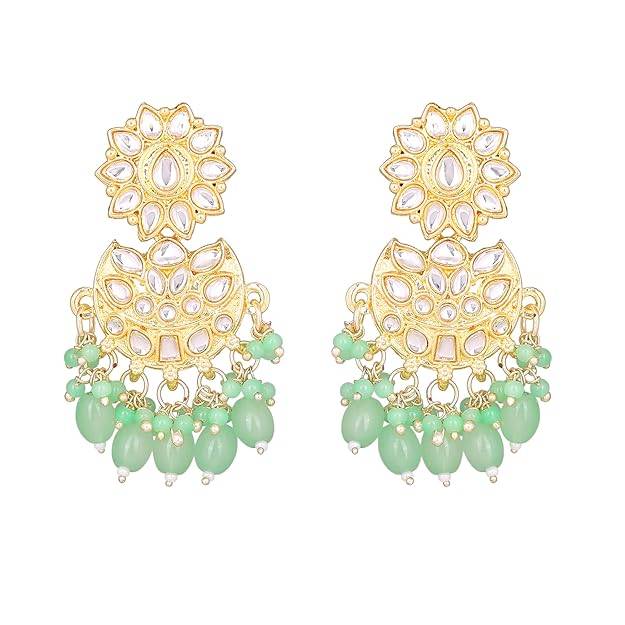 Estele Gold Plated Floral Designer Gehena Drop Earrings With Mint Beads For Women. : PJ-009-IGMGER