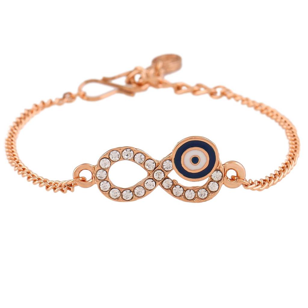 Estele Rosegold Plated Navy Blue Evil Eye Infinity Charm Bracelet With Austrian Crystals For Women : 102172-RGNBWEBR