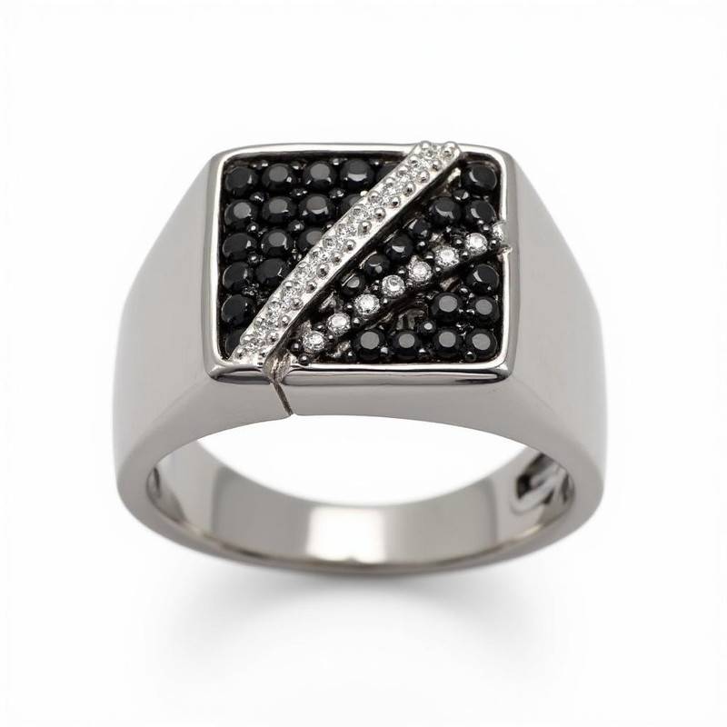 Black Moissanite Asymmetrical Signet Ring Band Black - Main Image