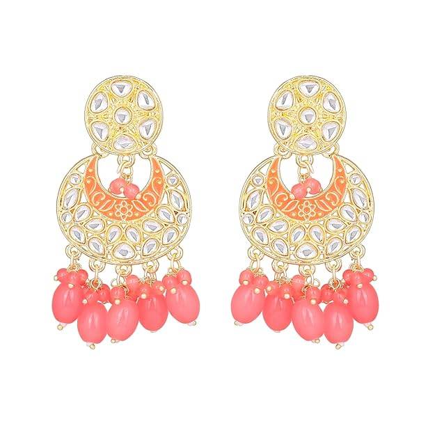 Estele Gold Plated Fascinating Gehena Chandbali Earrings With Mint Pink Beads For Women : PJ-006-IGMPER