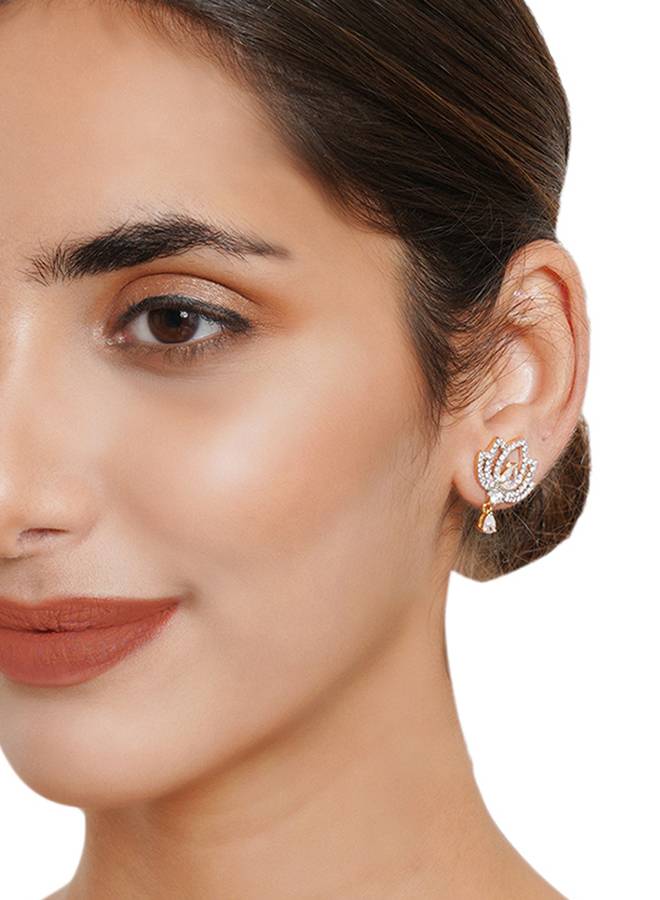 Sparkling Elegance Floral Motif Zircons And Faux Pearls Silver Plated Earrings : 8905124464313