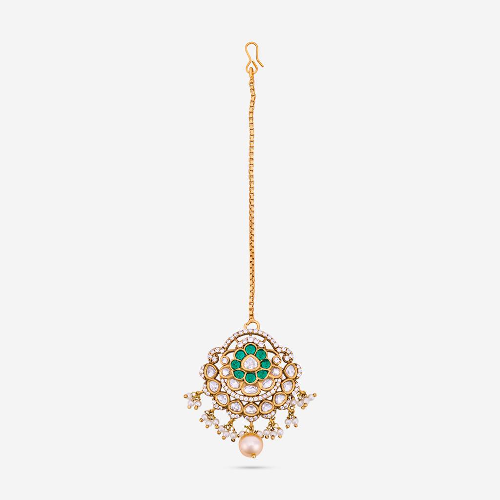 Green Victorian-Plated Ethnic Kundan Maang Tikka  -442203 : 442203