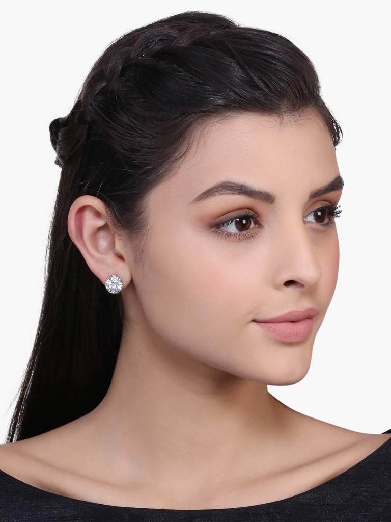 Silver Plated Cubic Zirconia Round Clear Stud Earrings Jewellery For Women & Girls : PX8E23