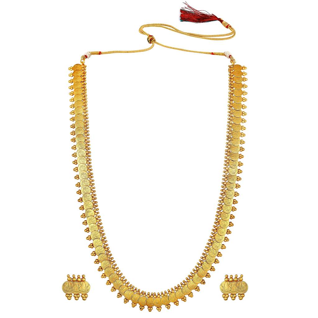 Gold Plated South Indian Traditional Bridal Long Maharani Coin Necklace Earrings Jewellery Set Gift For Women Girls : PF04N04