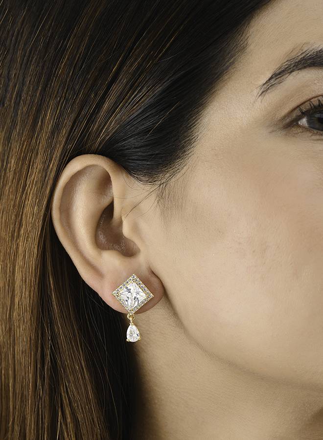 Sparkling Elegance Teardrop And Rectangle Cut Zircons Brass Gold Plated Earrings : 8905124472233