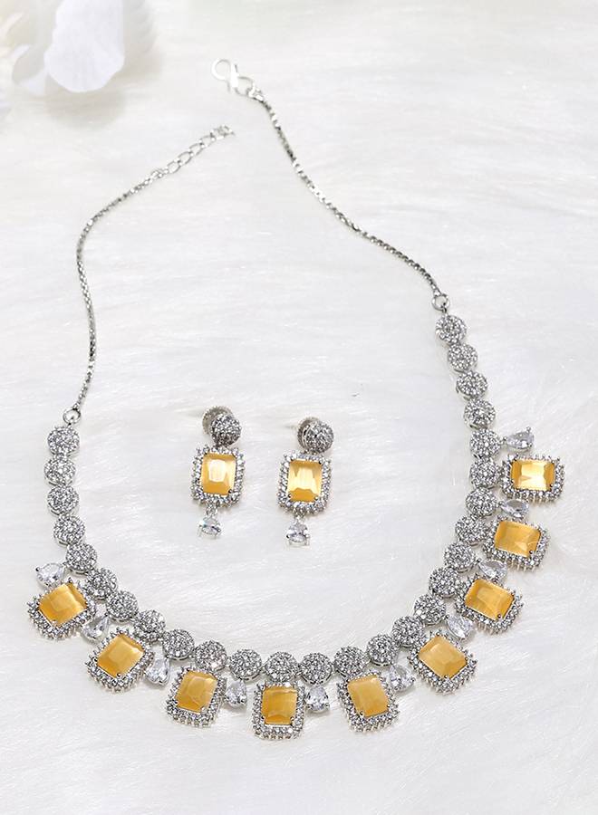 Cz Silver Plated Pearl Brass Necklace Set With Yellow Stone : 8905124435450