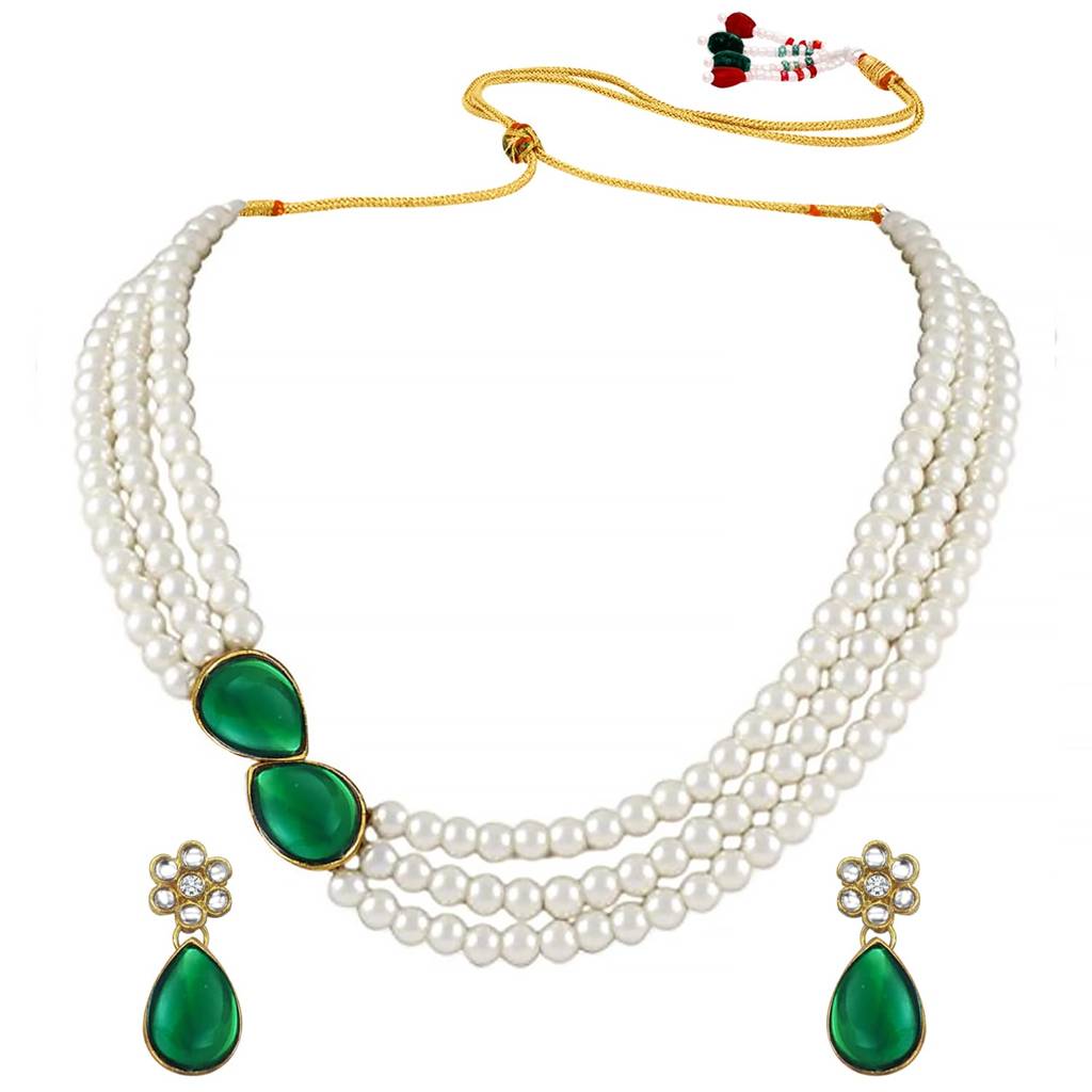 Pearl Mala Necklace & Earrings For Women Girls Traditional Ethnic Jewellery Set-Pf26N1145 : PF26N1145G