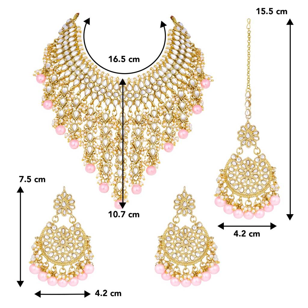 Traditional Kundan & Pearl Drop Bridal Dulhan Necklace Earring With Maang Tikka Jewellery Set For Women Girls-Pf : PF25N1177PK