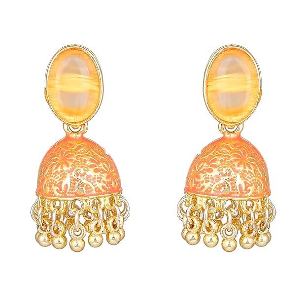 Estele Gold Plated Traditional Gehena Jhumka Earrings With Peach Enamel For Women : PJ-002-IGPHER