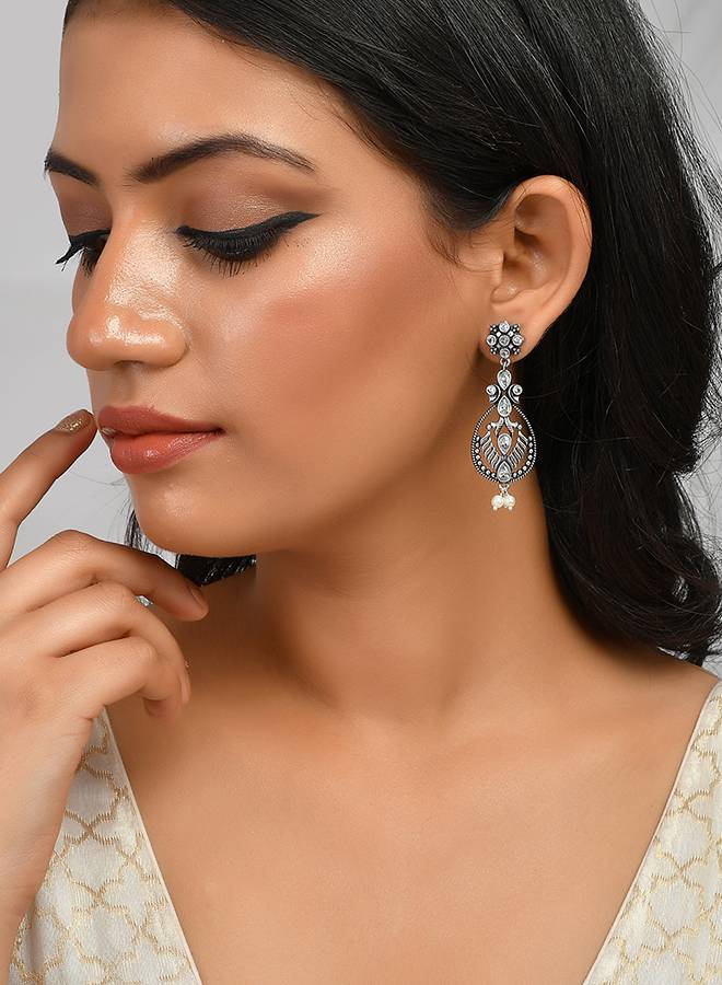 Abharan Oxidised Silver Plated White Pearls Drop Earrings Abharan Oxidised Silver Plated White