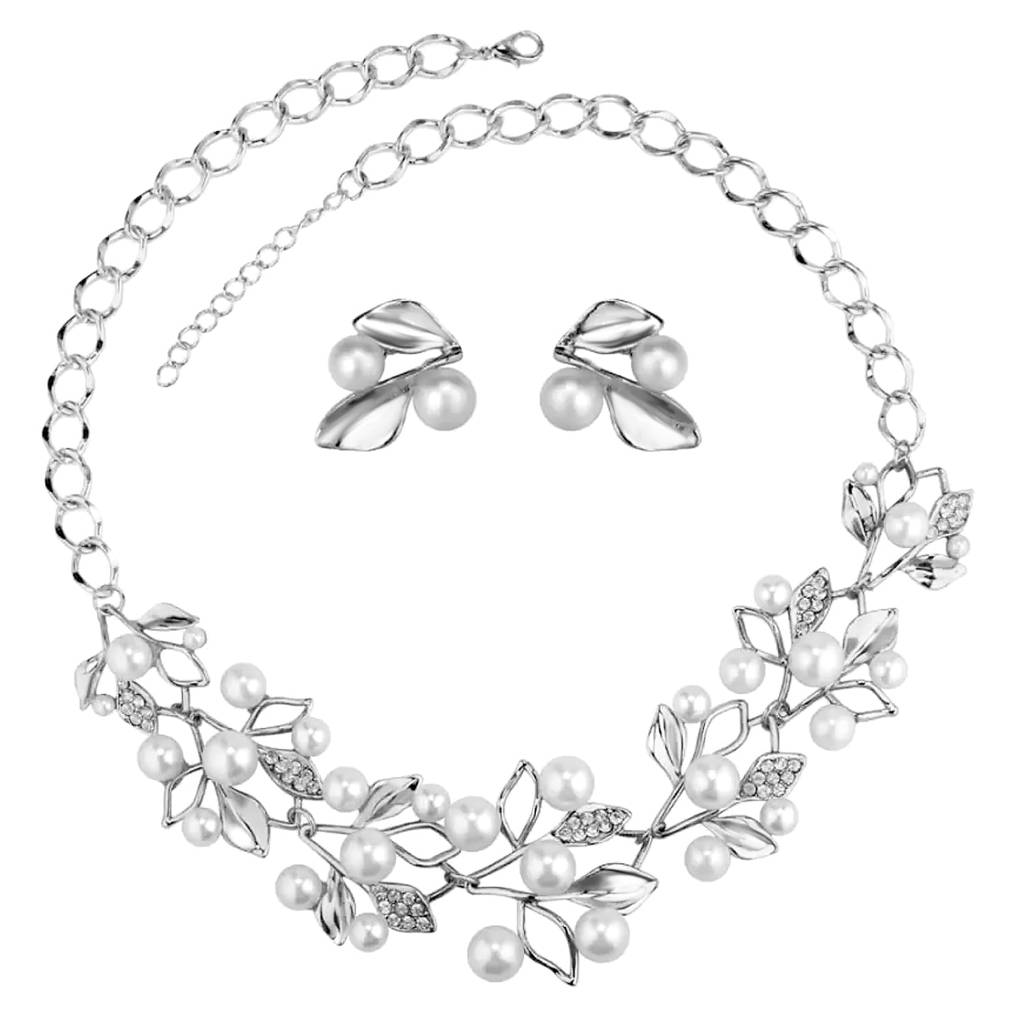 Silver Plated Peal Leaf Nature Inspired Necklace Earring Set For Women & Girls : PX9N04S
