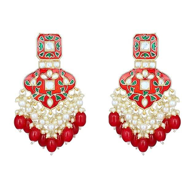 Estele Gold Plated Splendid Designer Gehena Earrings With Red Enamel & Beads For Women : PJ-014-IGRBER