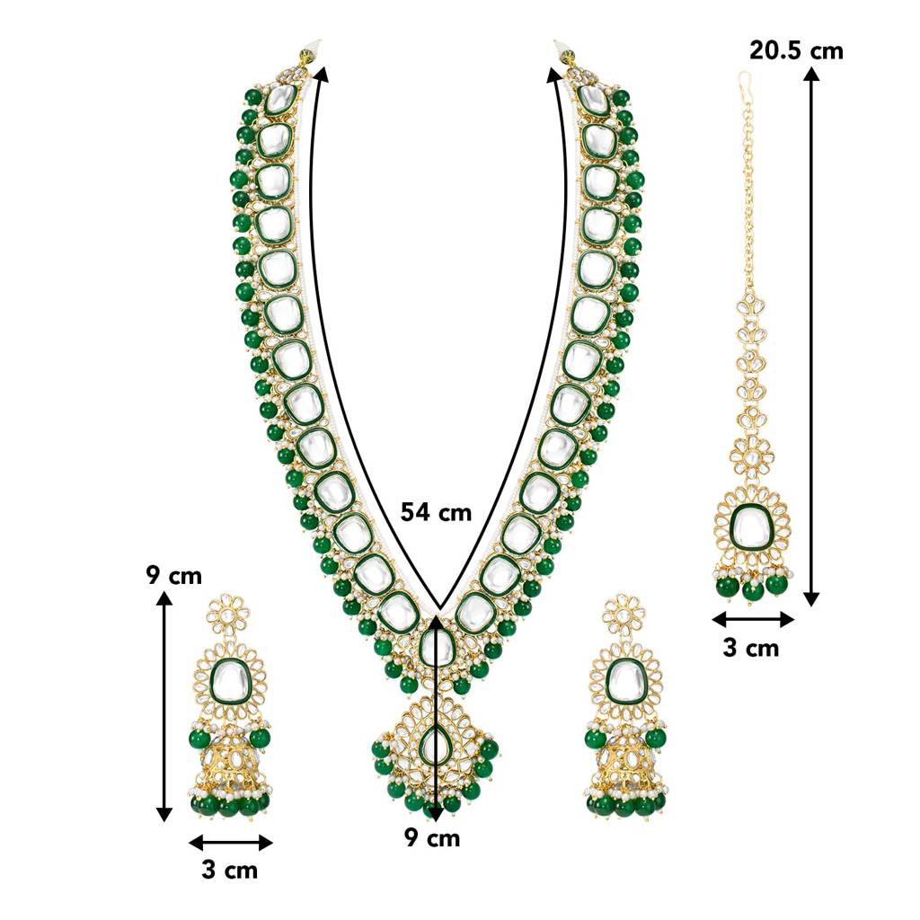 Gold Plated Green Kundan Studded Long Necklace Earrings And Maangtikka Set Ethnic Traditional Jewellery For Women  : PF28N314G