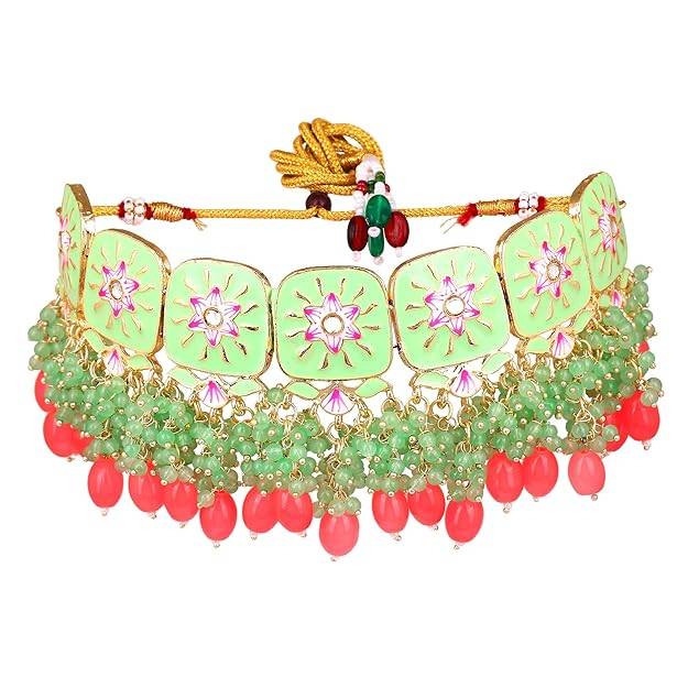 Estele Gold Plated Beautiful Gehena Choker Necklace Set With Mint Pink & Green Beads For Women : PJ-032-IGMGMPNKER
