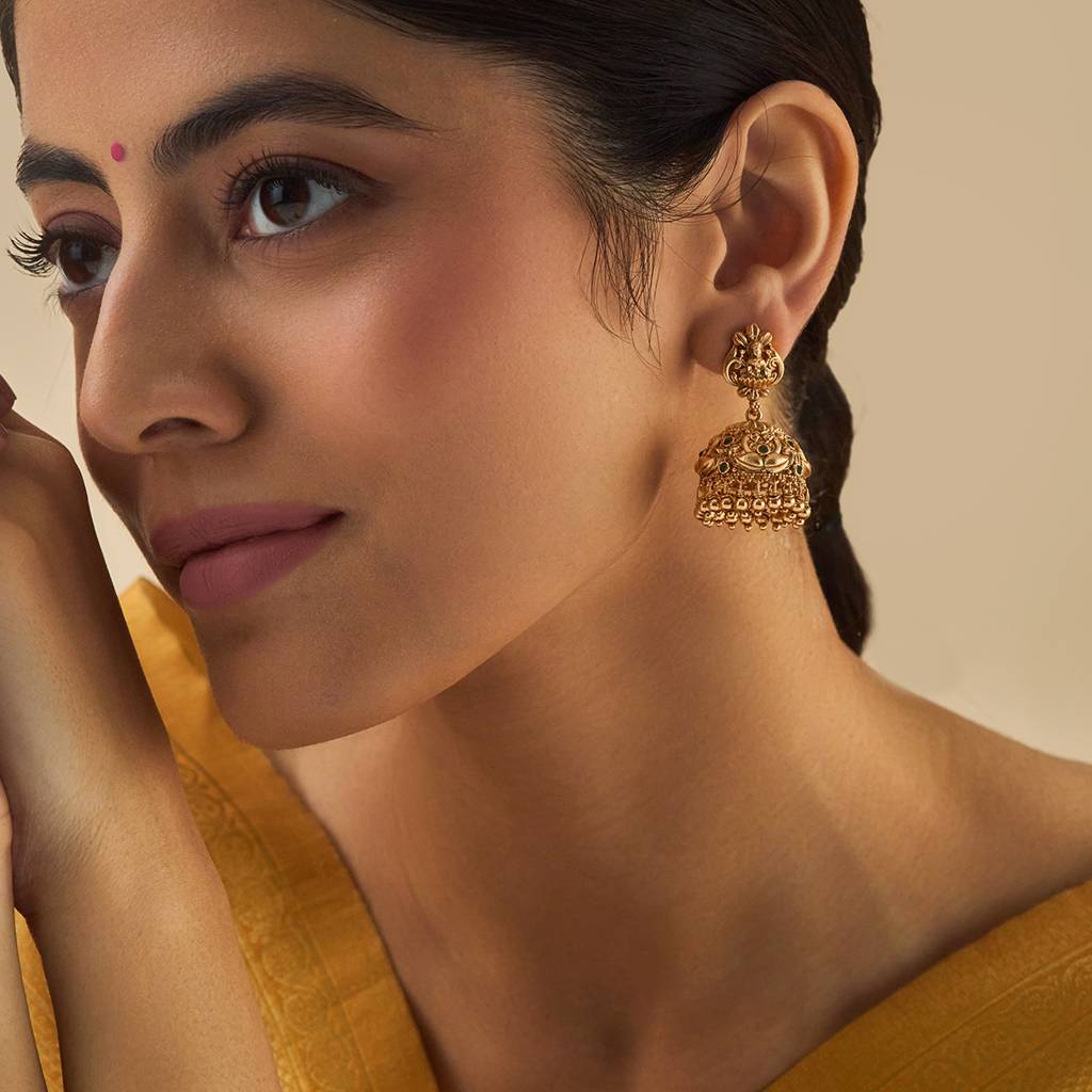 Green Gold-Plated Ethnic Antique Jhumkas-422531 : 422531