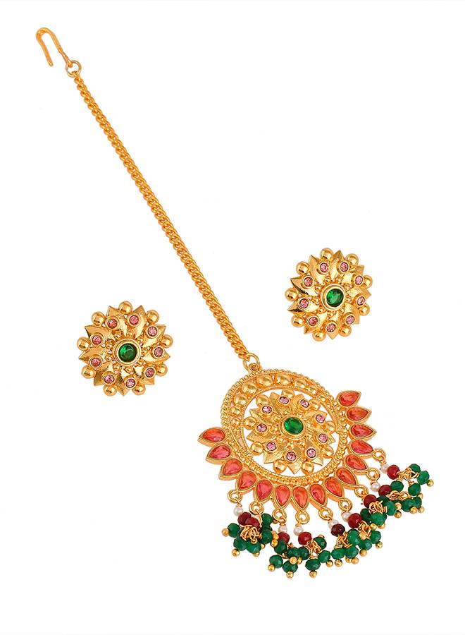 Abharan Red And Green Stones And Pearls Opulent Jewellery Set : 8905124494495