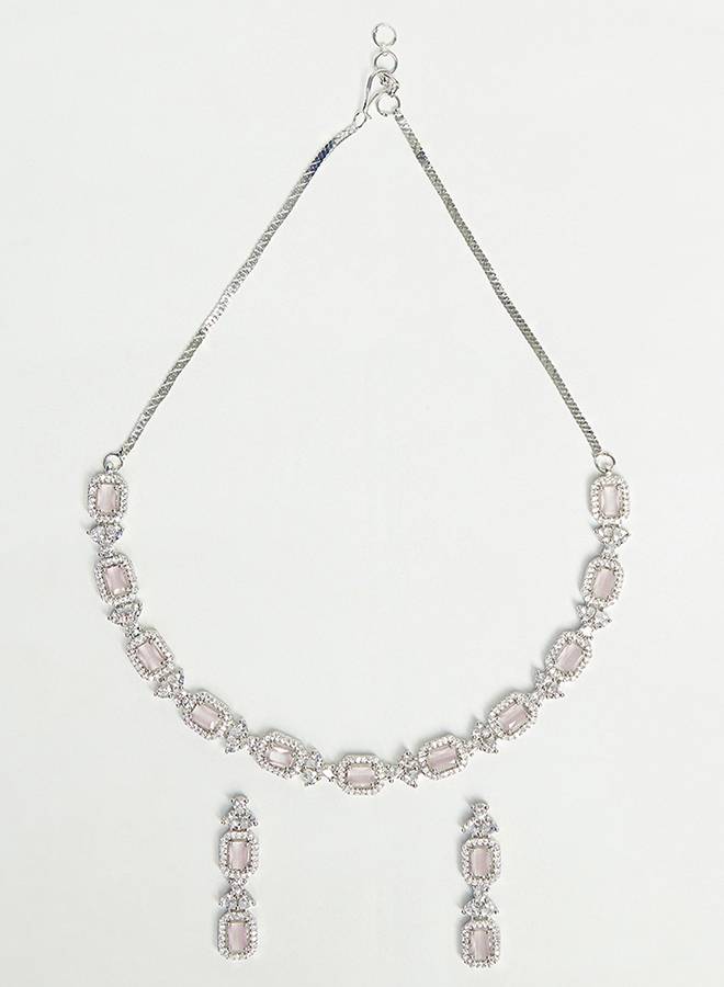 Sparkling Elegance Pink Gem Studded Classic Necklace Set : 8905124445374