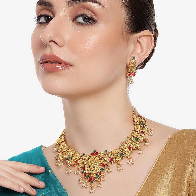 Estele Gold Plated Divine Laxmi Devi Gehena Necklace Set With Multi-Color Stones For Women : PJ-019-IGRBGNNKER