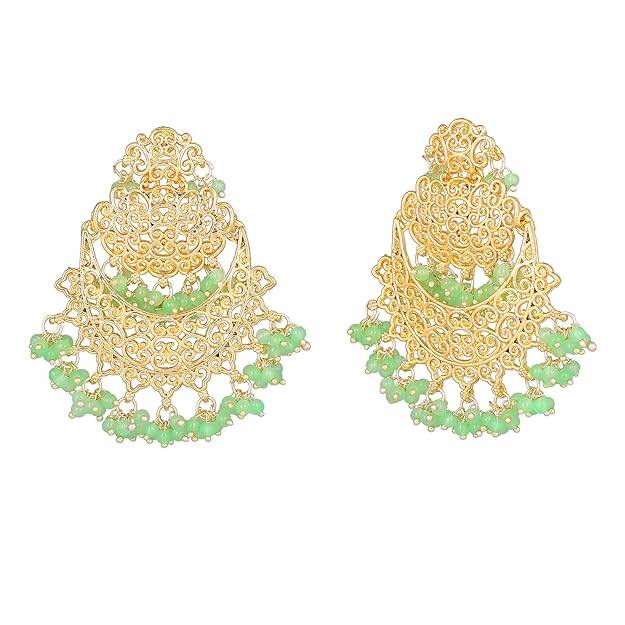 Estele Gold Plated Trellis Gehena Chandbali Earrings With Mint Green Beads For Women : PJ-007-IGMGER
