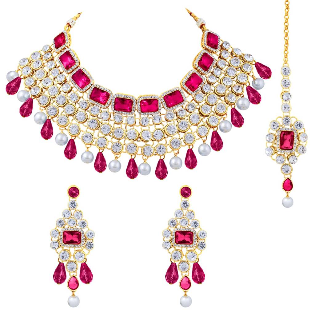 Crystal Choker Necklace With Maang Tikka Earrings Indian Traditional Bridal Wedding Jewellery Set For Women Girls : PF25N708RP