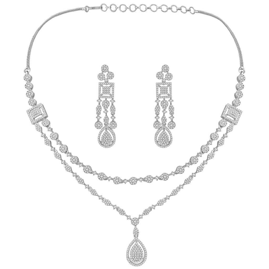 Cubic Zirconia Studded Two Layer Pendant Style Necklace & Drop Earrings Fancy Western Jewellery Set For Women-Pf67 : PF67N107S