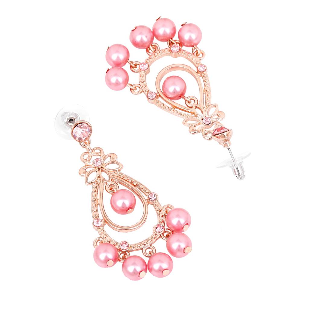 Estele Rosegold Plated Princess Earrings With Pink Pearl Drops For Women : 698705-IGER