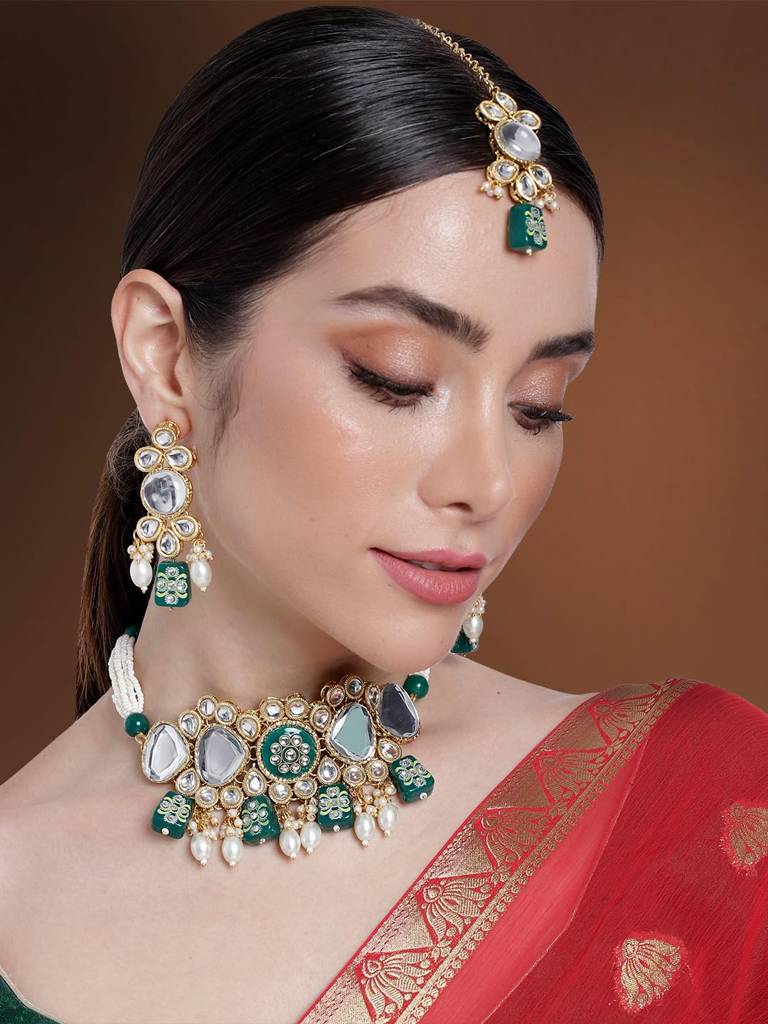 Gold Plated Kundan Beads Studded Choker Necklace Dangle Earrings & Maangtikka Set Ethnic Fashion Jewellery Gift Fo : PF25N080G