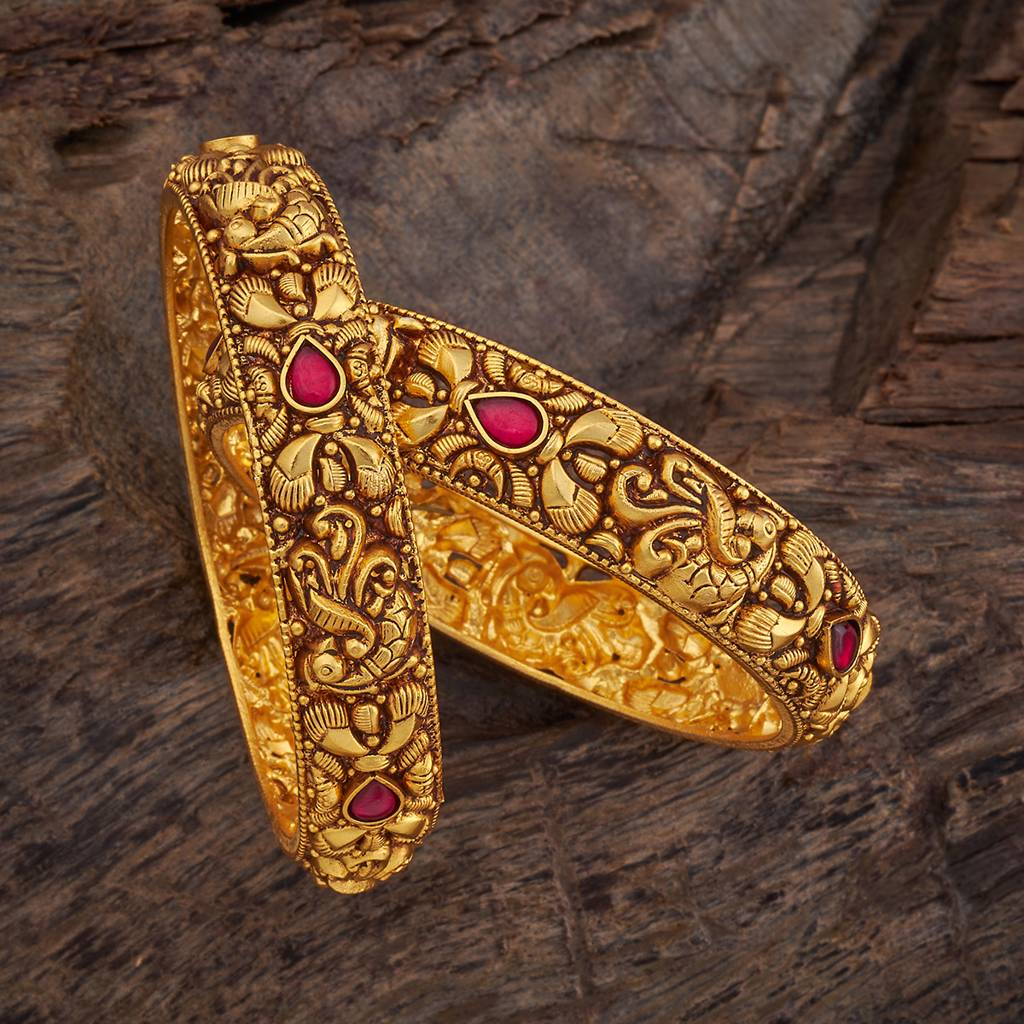 Kushal'S Fashion Jewellery Ruby Oxidised Gold-Plated Ethnic 92.5 Pure Silver Temple Bangles-175744 : 421256