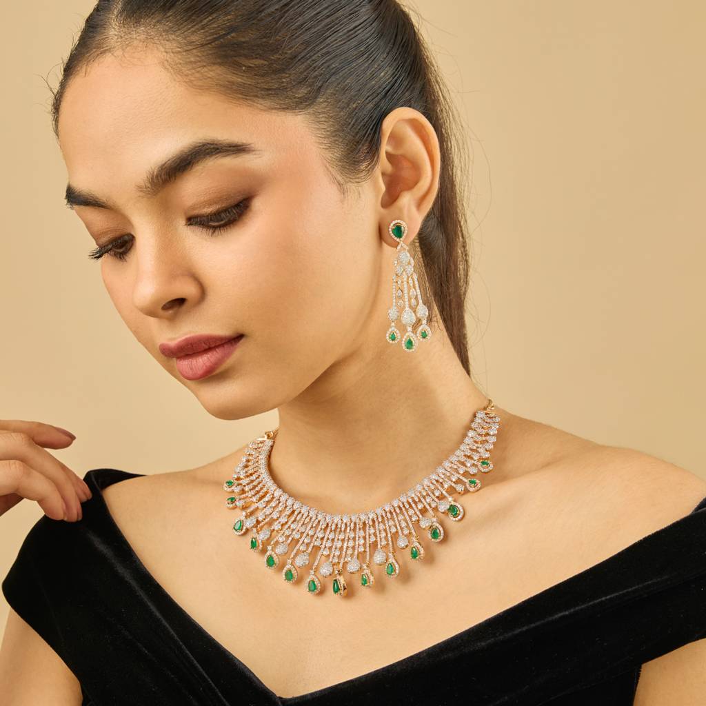 Green Gold-Plated Party Zircon Necklace Set-442591 : 442591