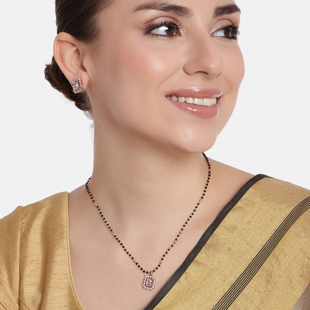 Estele Rose Gold Plated Cz Square Designer Mangalsutra Necklace Set With White Stone For Women. : ADMS038-RGWENKER