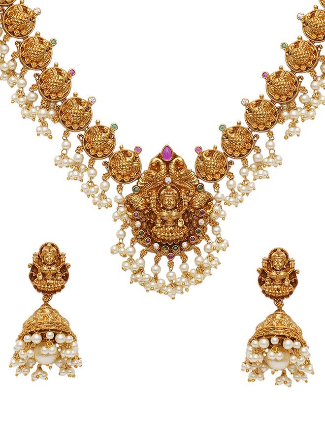 Gold Opulence Gold Plated Goddess Lakshmi Motifs Faux Pearls Lavish Jewellery Set : 8905124473223