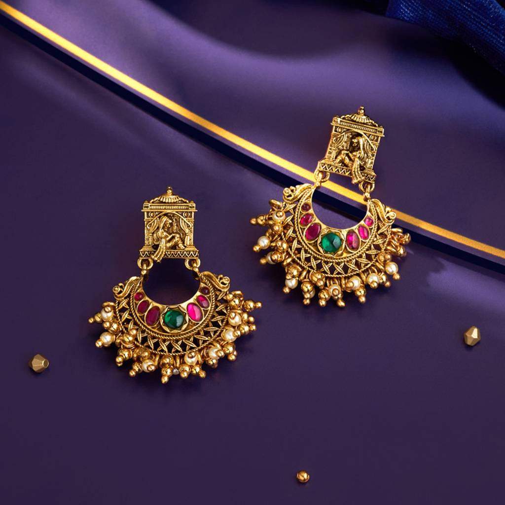 Kushal'S Fashion Jewellery Ruby-Green Oxidised Gold-Plated Ethnic 92.5 Pure Silver Temple Chandbalis-161761 : 398312