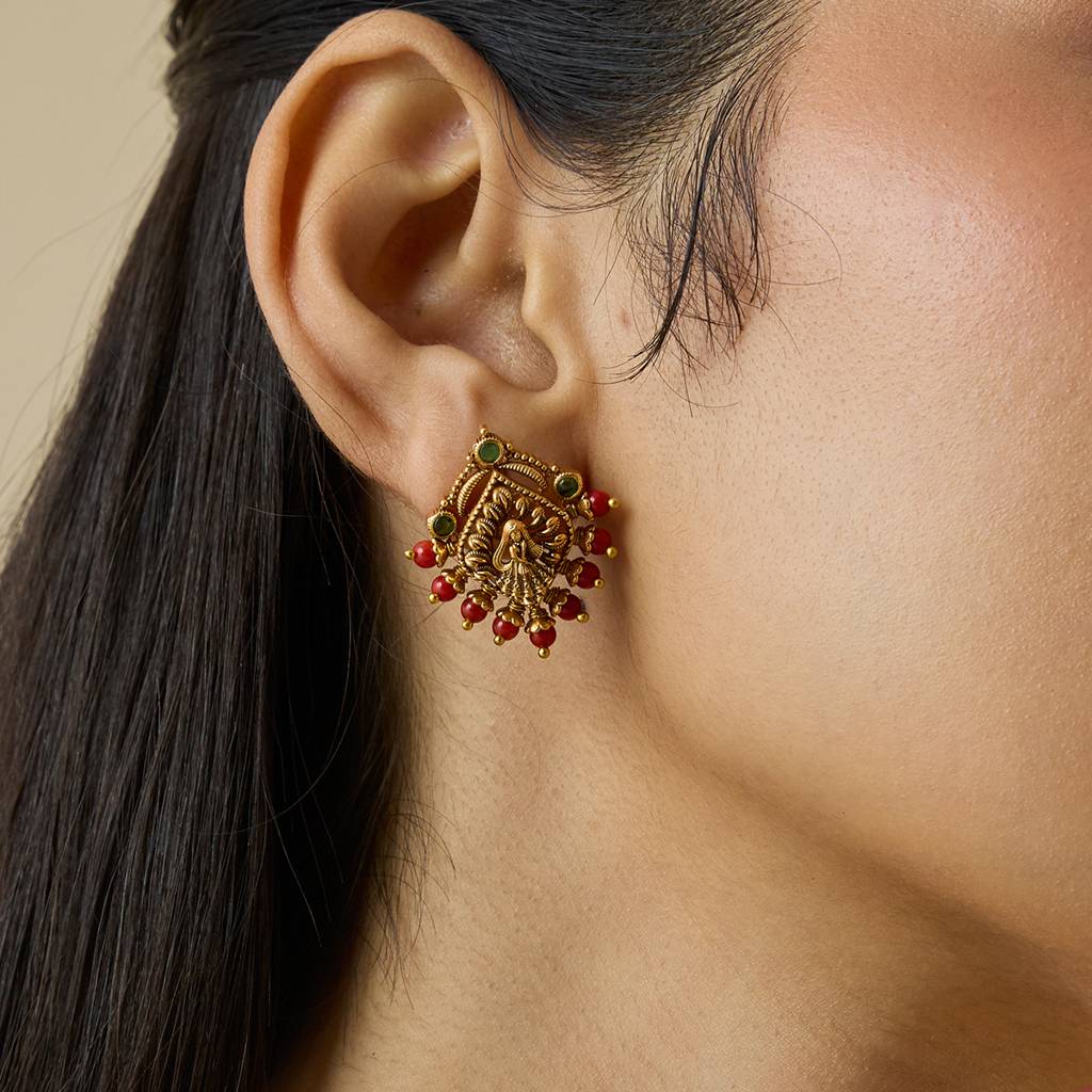 Kushal'S Fashion Jewellery Green Gold-Plated Ethnic Antique Studs-435519 : 435519