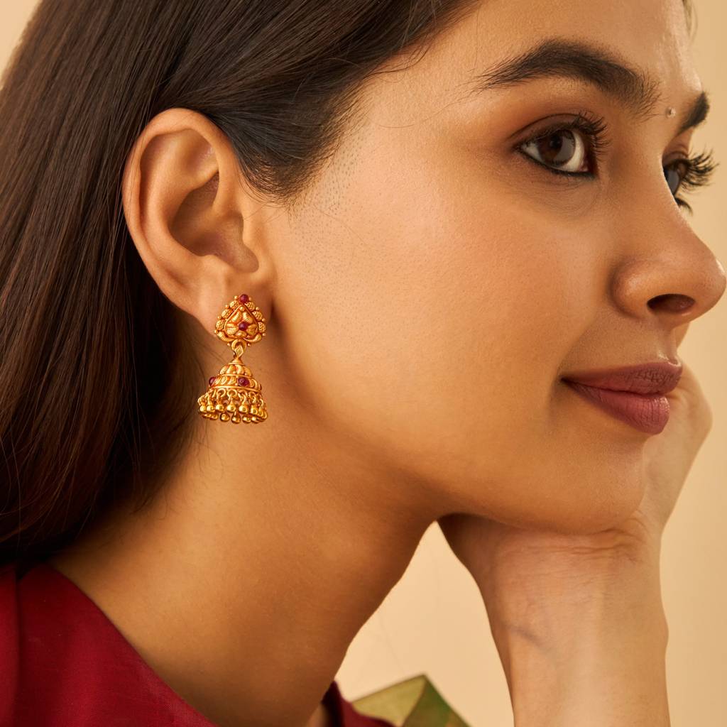 Kushal'S Fashion Jewellery Ruby Gold-Plated Ethnic 92.5 Pure Silver Temple Jhumkas-174140 : 417969
