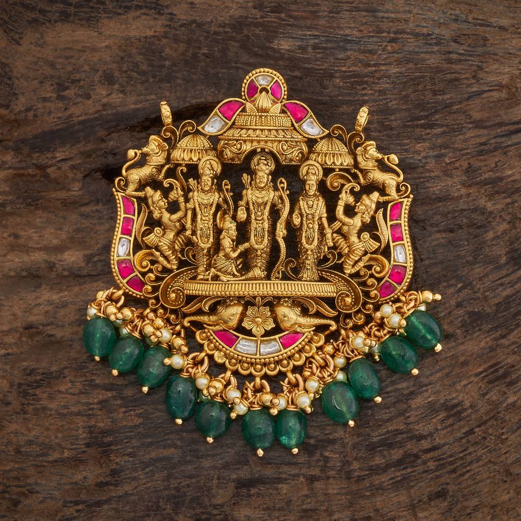 Kushal'S Fashion Jewellery Ruby-Green Oxidised Gold-Plated Ethnic 92.5 Pure Silver Temple Pendants-177136 : 424622