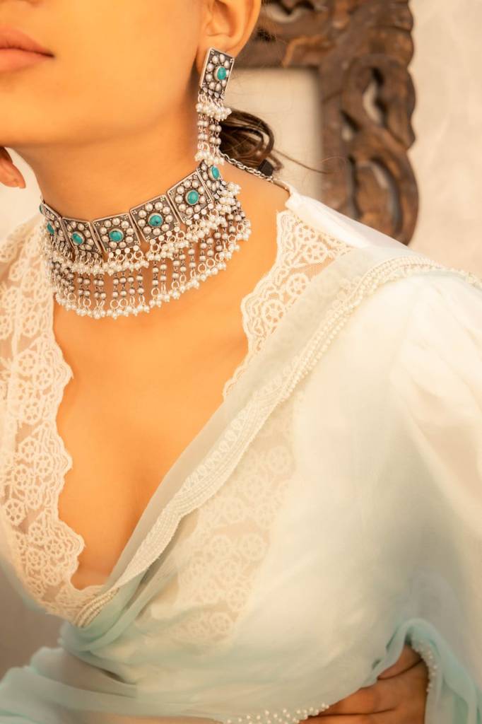 Tattva Turquoise Jadau Tikdi Sequence Pearl Layered Necklace Set : SN40559898-1