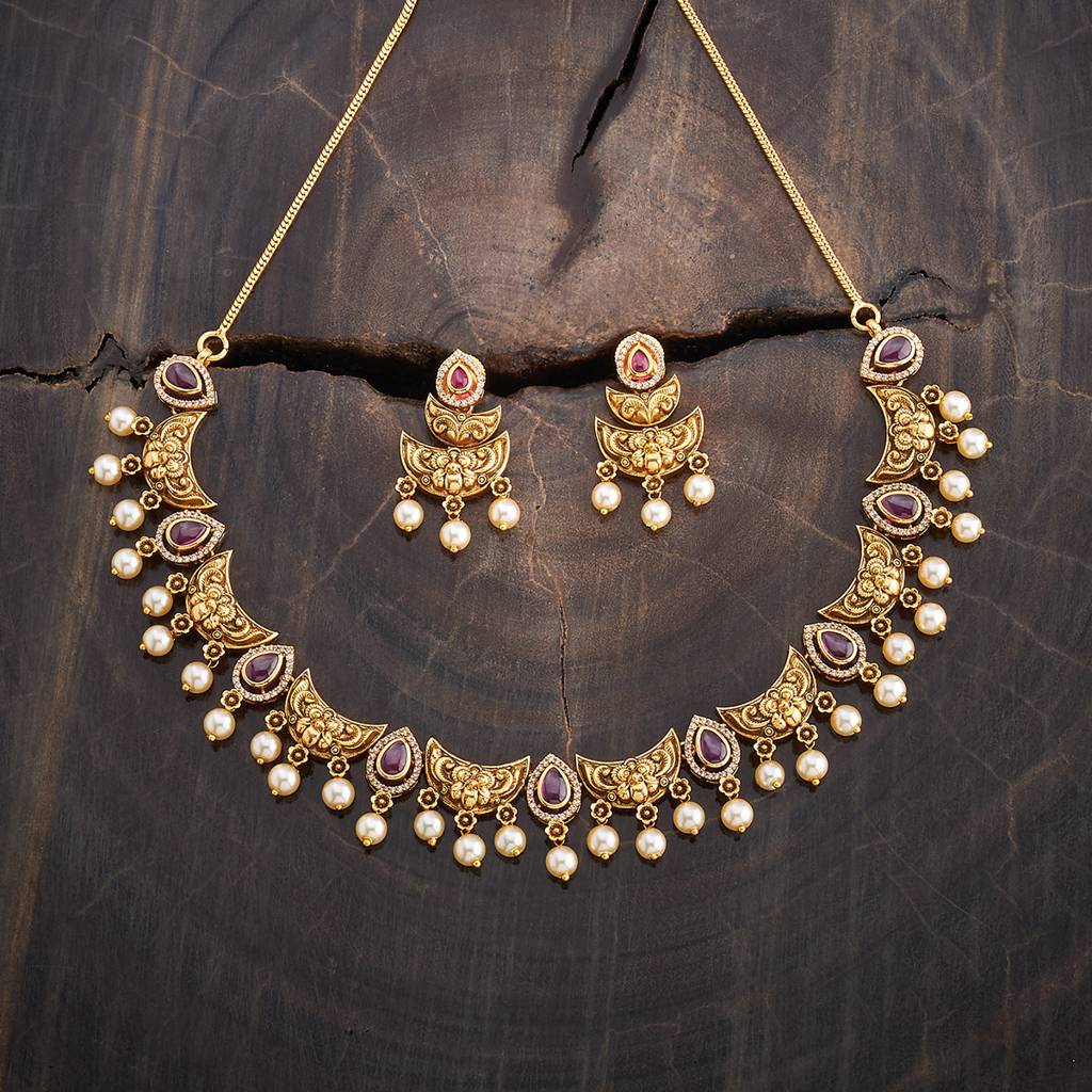 Kushal'S Fashion Jewellery Gold-Plated Ruby Studded & Beaded Antique Jewellery Set-178677 : 427754