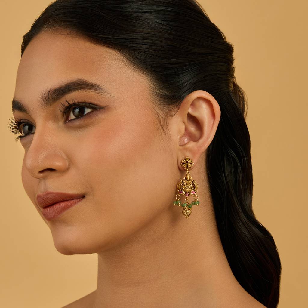 Kushal'S Fashion Jewellery Ruby-Green Gold-Plated Ethnic Antique Earring Drop Earrings-181350 : 433536