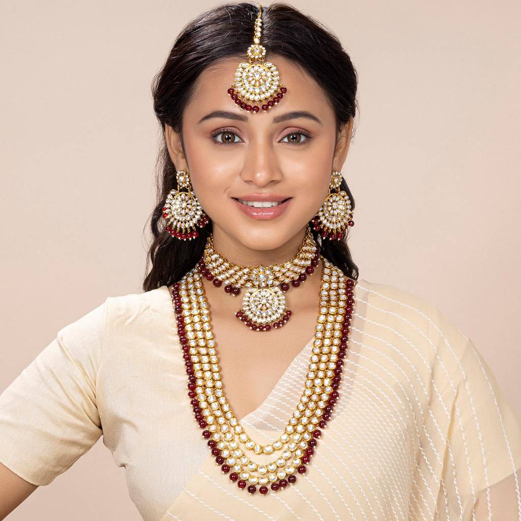 Gold Plated Kundan Faux Bead Bridal Long Necklace Choker Earrings Maangtikka Jewellery Set For Women Girls-Pf25Br : PF25BR106M