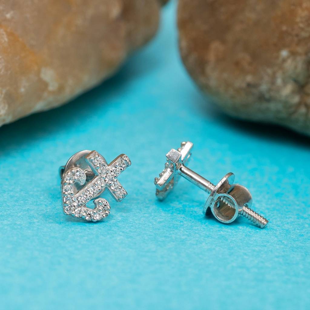 925 Silver Anchor Diamond Stud Earrings | Nautical Jewelry Gift : SE_000904