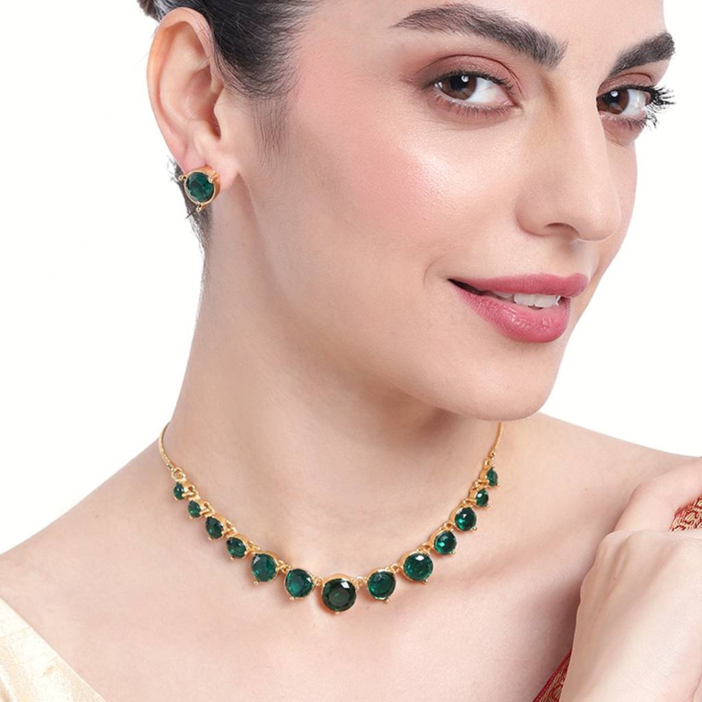 Estele Gold Plated Sparkling Necklace Set With Green Austrian Crystals For Women : 9053NKER